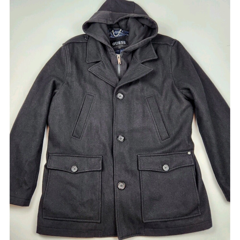 Guess Wool Blend Overcoat Mens L Black Removable Hood Layered Lined Jacket Chic